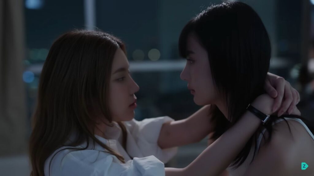 Tipsy character inching closer to intimacy in Mate The Series, a Thai GL drama, raising consent concerns.